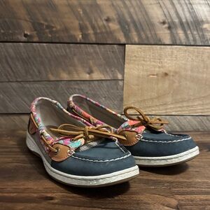 Sperry Navy Canvas Slip-On Boat Shoes with Pink Floral Trim